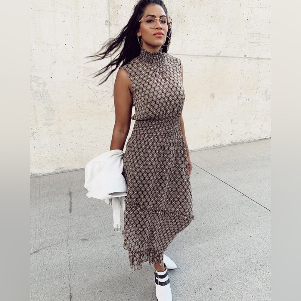 Misa Los Angeles Brown Patterned Asymmetrical Midi Dress